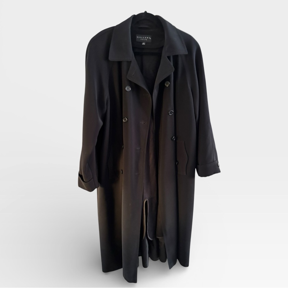 Vintage Gallery Long Black Classic Double Breasted Capsule Trench Coat Size 16P - Picture 5 of 11
